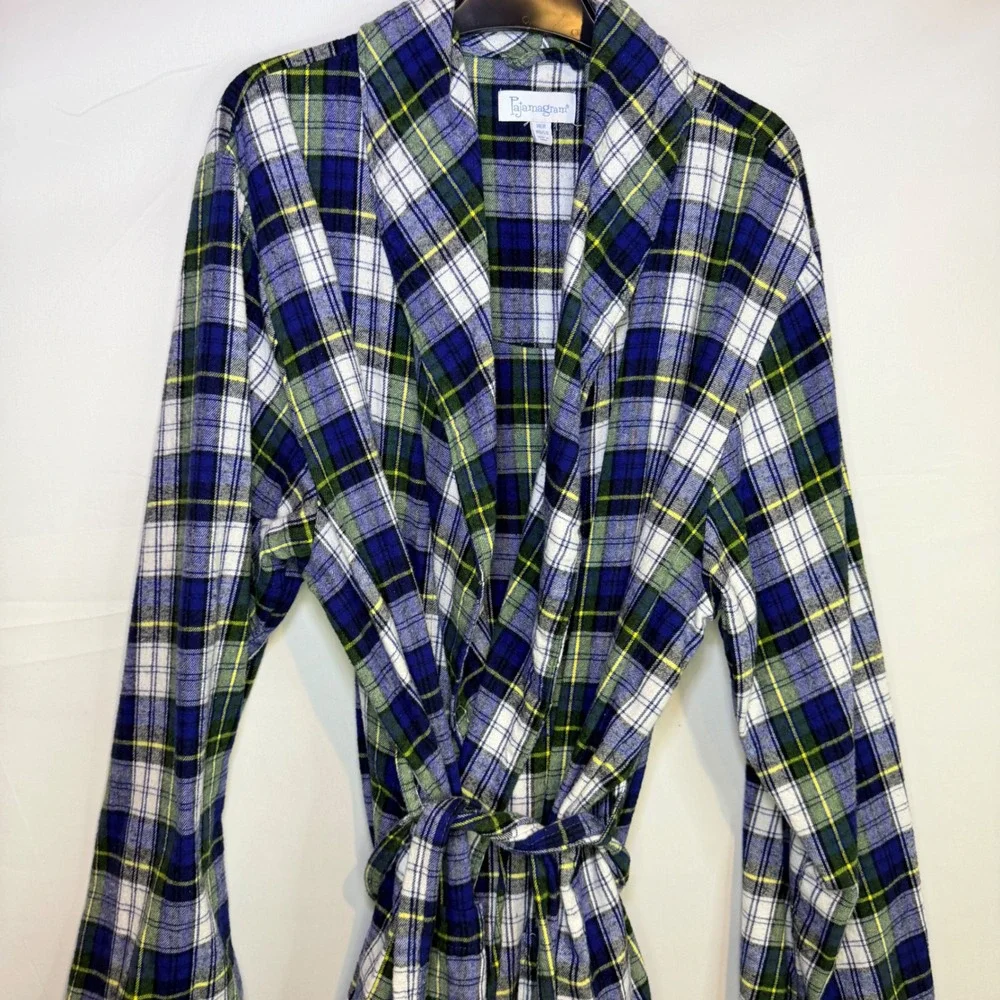 PajamaGram Women Blue Green White Plaid Flannel Robe Medium Large MD/LG